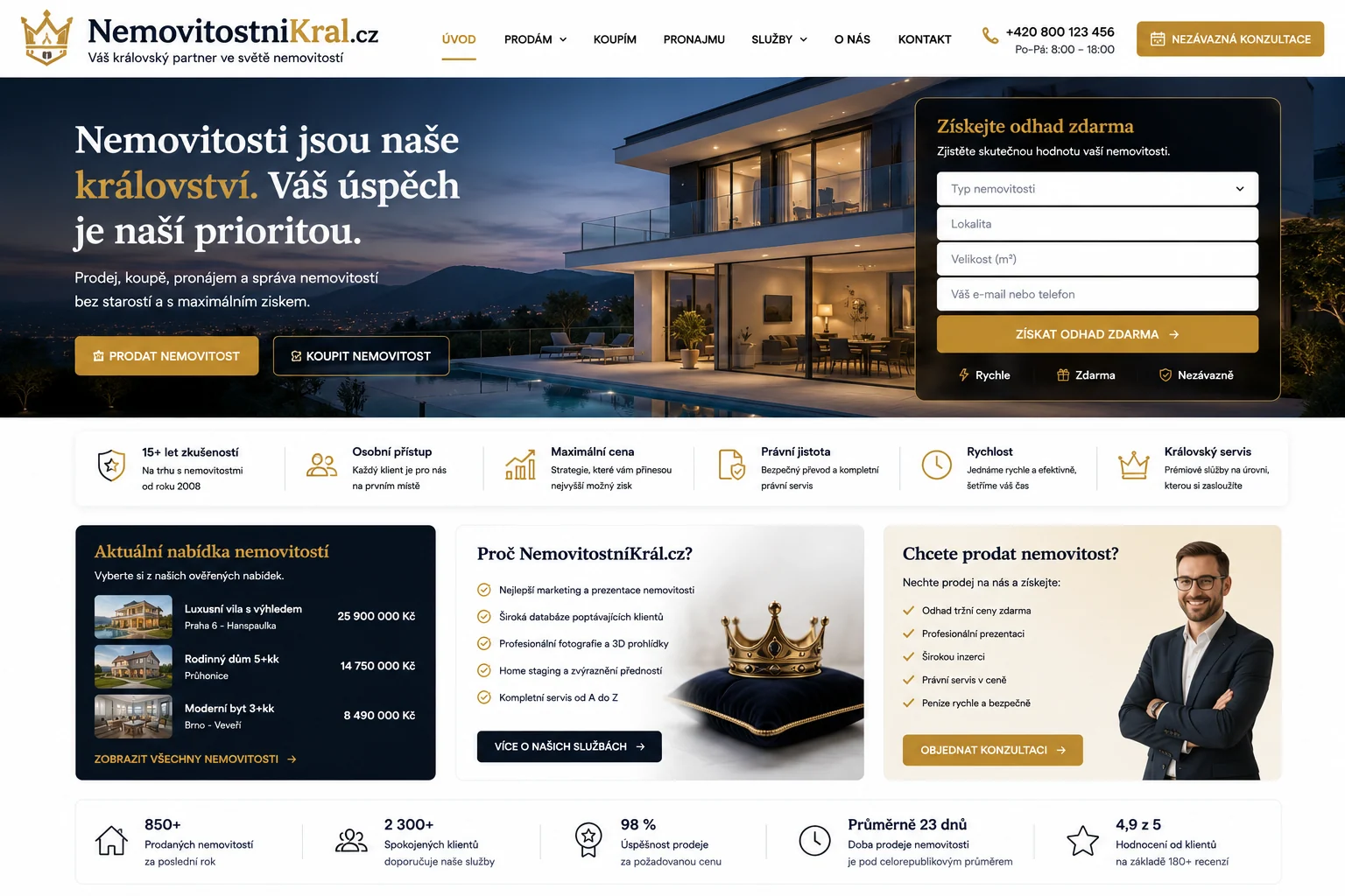 Vizuální návrh možného projektu NemovitostniKral.cz zaměřeného na reality, služby a osobní realitní značku